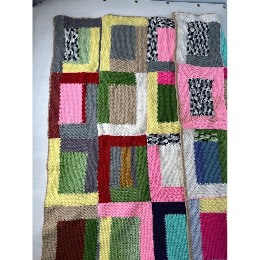 Handmade Crochet Patchwork Blanket Throw Boho Colorful Cozy Quilt Bedspread